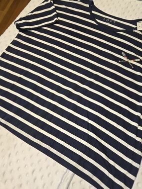 LOFT Blue and White Striped Short Sleeve Boxy Tee with Sporty Stitched Design M